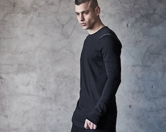 Long Sleeved Top with Scar Stitch / Kinetic Black Blouse/ Mens Urban Blouse / Futuristic Shirt/ Raw Crew Neck Top by POWHA