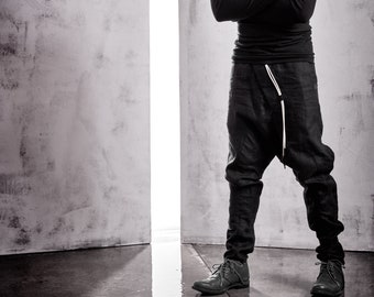Black Linen Pants / Mens Drop Crotch Futuristic Trousers / Urban Minimalist Pants / Low Crotch Pants / Black Extravagant Pants by POWHA