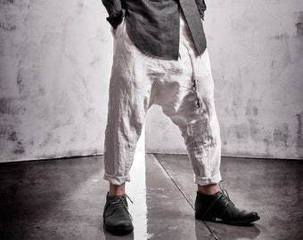 Off-White Linen Cropped Pants / Mens Drop Crotch Trousers / Boiled Linen Pants / Low Crotch Pants / Off-White Extravagant Pants by POWHA