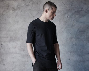 Half Sleeved Top / Kinetic Black Blouse/ Mens Urban Blouse / Futuristic Shirt / Mens Top  with Mesh Detail / Raw Crew Neck Top by POWHA