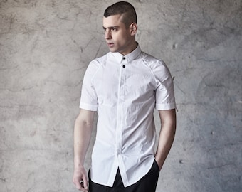 Cotton Mens Shirt / Short Sleeved Shirt / Urban Optical White Shirt / White Shirt / Scar Stitched Shirt by POWHA