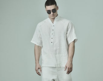 Camisa oversized de linho branco deslocado com meia manga POWHA