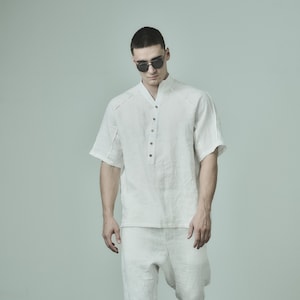 Shifted Off White Linen Oversized Shirt With Half Sleeves POWHA