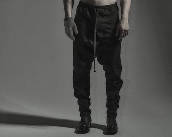 Men's Black Wool Blend Drop Crotch Pants: Japanese Origami Style