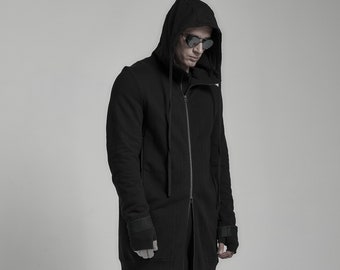 Sequence Zipper Black Cotton Hoodie: Deconstructed Sleeves, Built-In Gloves