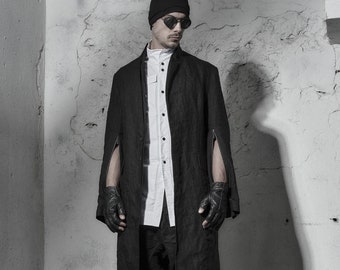 Black Linen Long Blazer / Futuristic Mens Trench Coat / Black Linen Coat / Extravagant Mens Clothing / Tailored Black Trench by POWHA