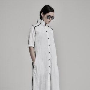 Futuristic White Dress Long Dress Minimalist Long Shirt Wrinkled Shirtdress Handcrafted Shirt Progressive Wear by POWHA image 1