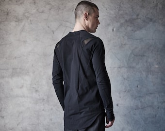 Long Sleeved Top / Kinetic Black Blouse/ Mens Urban Blouse / Futuristic Shirt with Mesh Detail / Raw Crew Neck Top by POWHA
