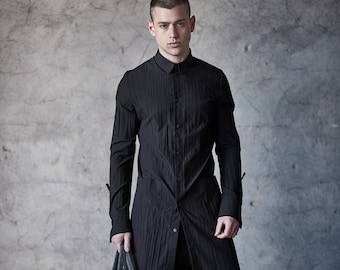 Chemise noire à manches longues / Chemise en coton allongée/ Vêtements futuristes/ Chemise noire avec point de cicatrice blanche / Haut contemporain par POWHA