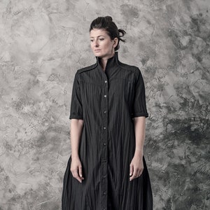 Futuristic Black Dress Long Dress Minimalist Long Shirt Wrinkled Shirtdress Handcrafted Shirt Progressive Wear by Powha image 1