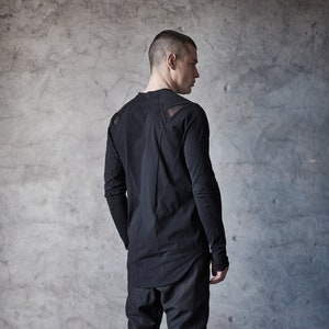 Long Sleeved Top / Kinetic Black Blouse/ Mens Urban Blouse / Futuristic Shirt with Mesh Detail / Raw Crew Neck Top by POWHA