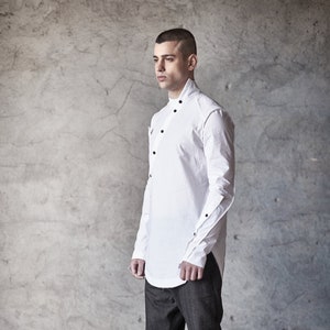 Tailored Shirt /Mens Clothing / White Shirt/ White Cotton Mens Shirt / Asymmetric Bonded Shirt / Distorted Shirt / White Urban Top  by POWHA