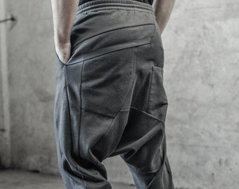 Drop Crotch Track Trouser/ Mens Drop Crotch Futuristic Pants/ Minimalist Pants/ Low Crotch Pants/ Black Extravagant Pants by POWHA