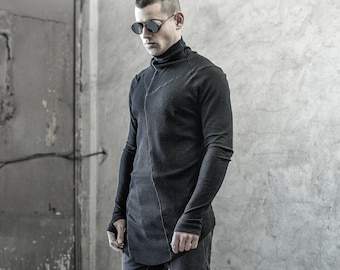 Momentum Black Long Sleeve Turtleneck/ Kinetic Black Blouse/ Mens Urban Blouse/ Futuristic Shirt by POWHA