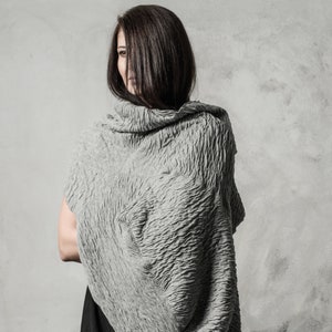 Distorted Scarf Unisex Double Faced Shawl Wool Cotton Wrapper Soft Wrinkled Scarf Grey Winter Shawl Progressive Wear by POWHA image 1