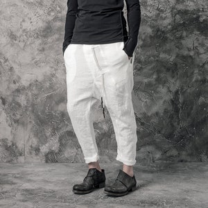 Futuristic Off-White Trousers | Cropped Trousers | Drop Crotch Pants | Linen Urban Pants | Avantgarde Trousers | Progressive Wear by Powha