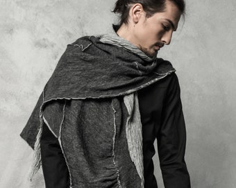 Distorted Scarf | Unisex Double Faced Shawl | Futuristic Wrapper | Soft Wrinkled Scarf | Grey Winter Shawl | Progressive Wear by POWHA