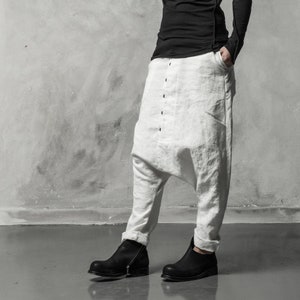 Boiled Linen Drop Crotch Pants: Off-White Urban Trousers
