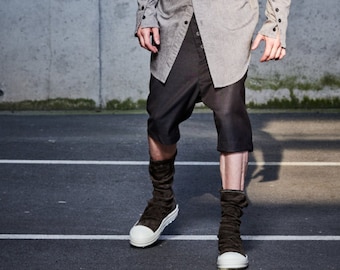 Mens Drop Crotch Shorts / Brown Wool Pants / Modern Brown Trousers / Brown Extravagant Shorts / Handmade Mens Clothing by POWHA