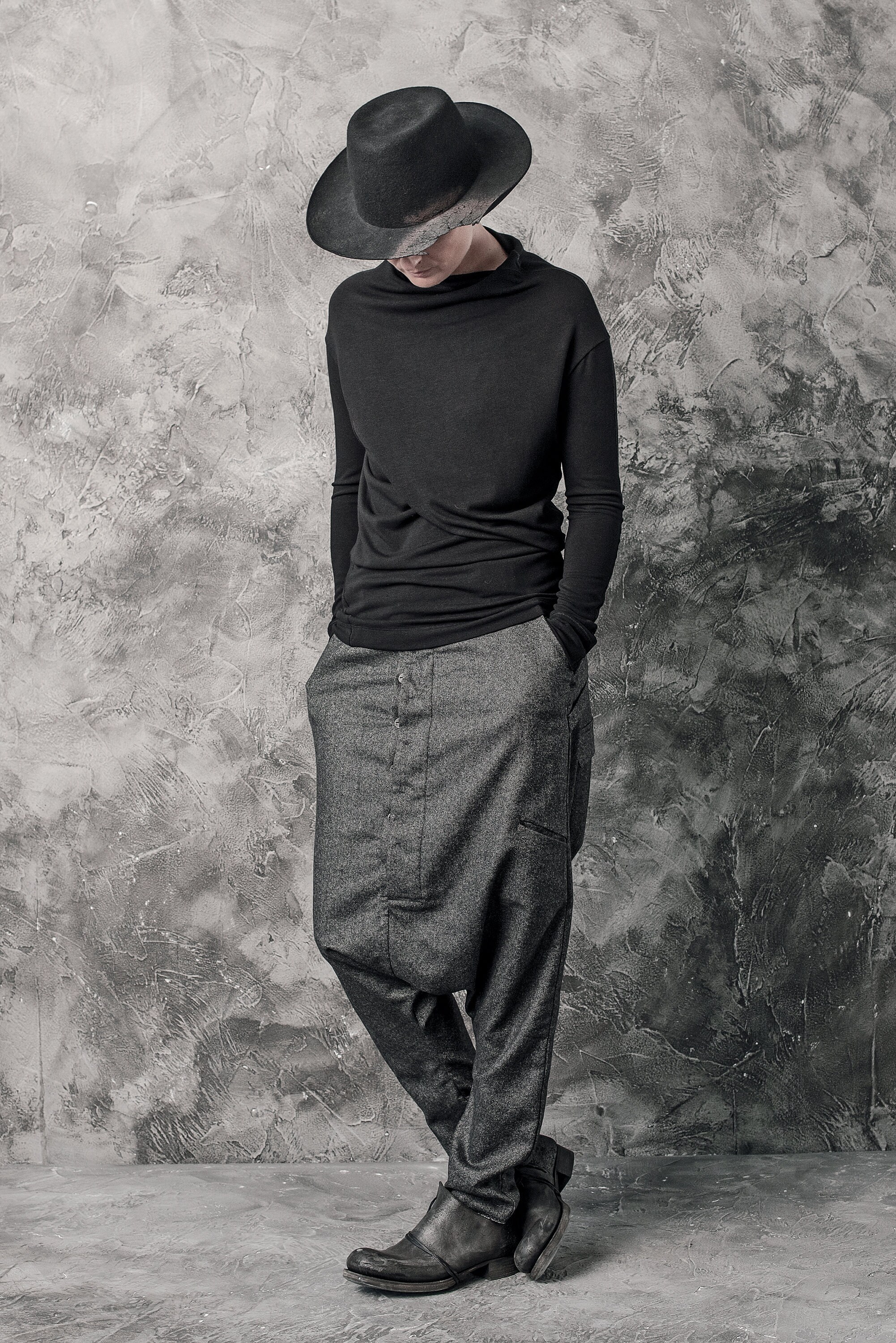 Gray Melange Wool Drop Crotch Trousers: Womens Urban Pants - Etsy