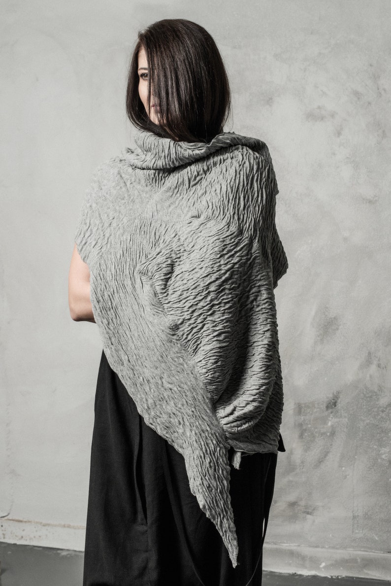 Distorted Scarf Unisex Double Faced Shawl Wool Cotton Wrapper Soft Wrinkled Scarf Grey Winter Shawl Progressive Wear by POWHA image 1