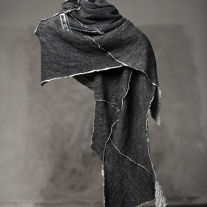 Distorted Scarf Unisex Double Faced Shawl Wool Cotton Wrapper Soft Wrinkled Scarf Grey Winter Shawl Progressive Wear by POWHA image 9