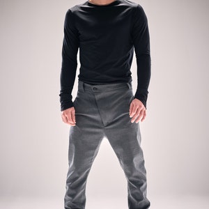 Mens Modern Trousers / Neutral Grey Wool Pants / Asymmetrical Trousers / Drop Crotch Mens Pants / Urban Clothing by POWHA image 2