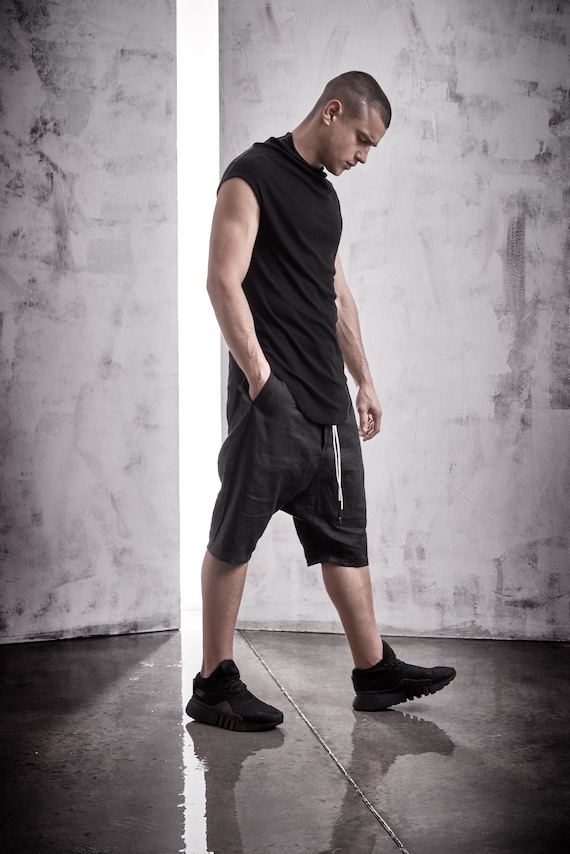 Black Linen Shorts / Mens Drop Crotch Trousers / Minimalist Pants / Low Crotch Shorts / Black Extravagant Pants by POWHA
