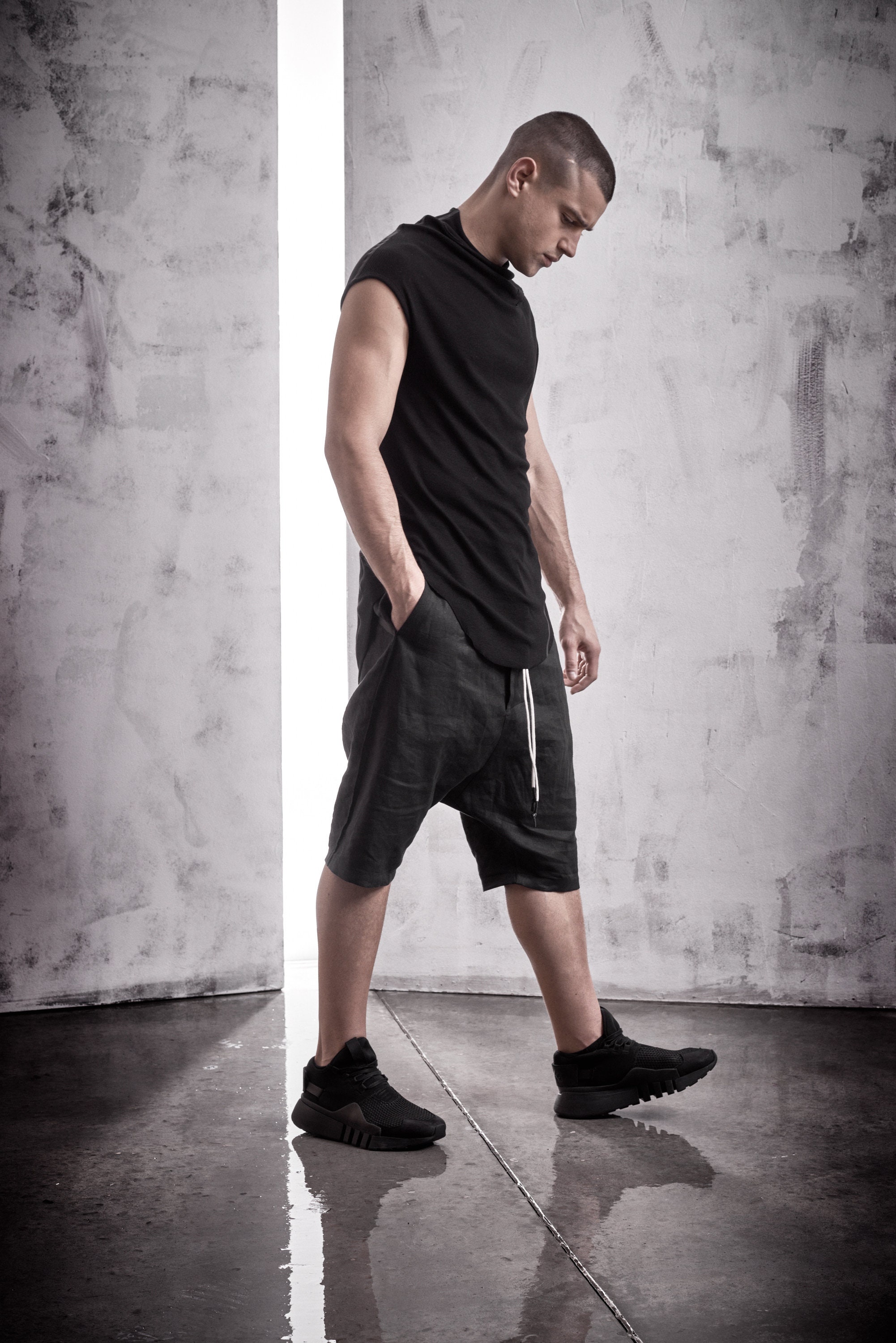 Black Linen Shorts / Crotch Pants Low / Mens / Drop Crotch Black Shorts Extravagant POWHA - Minimalist by Trousers Etsy Pants 