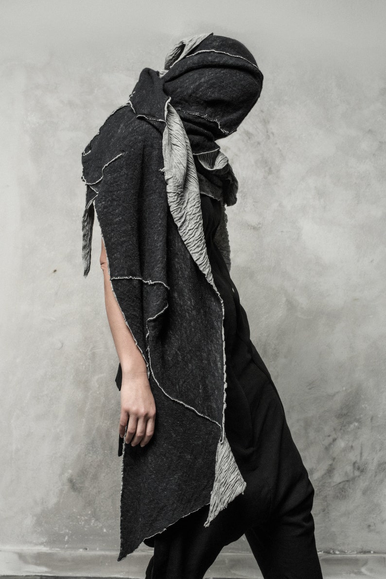 Distorted Scarf Unisex Double Faced Shawl Wool Cotton Wrapper Soft Wrinkled Scarf Grey Winter Shawl Progressive Wear by POWHA image 4