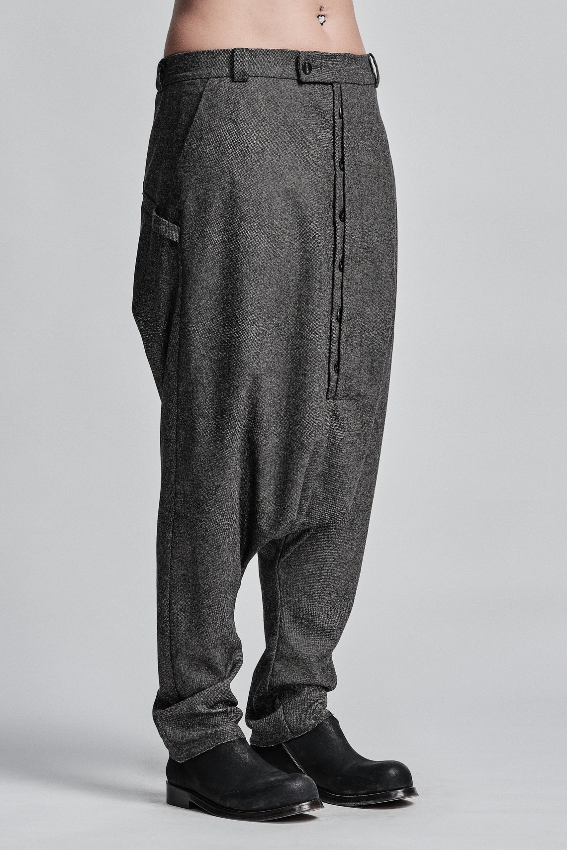 Drop Crotch Trousers with Turn-Ups in Grey