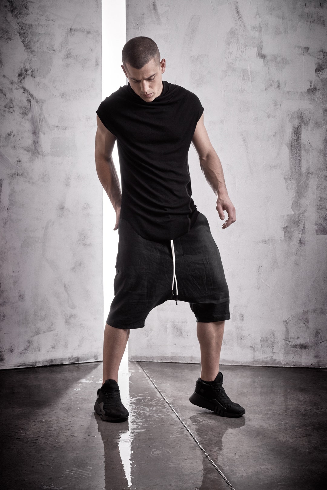 Black Linen Shorts / Mens Drop Crotch Trousers / Minimalist - Etsy