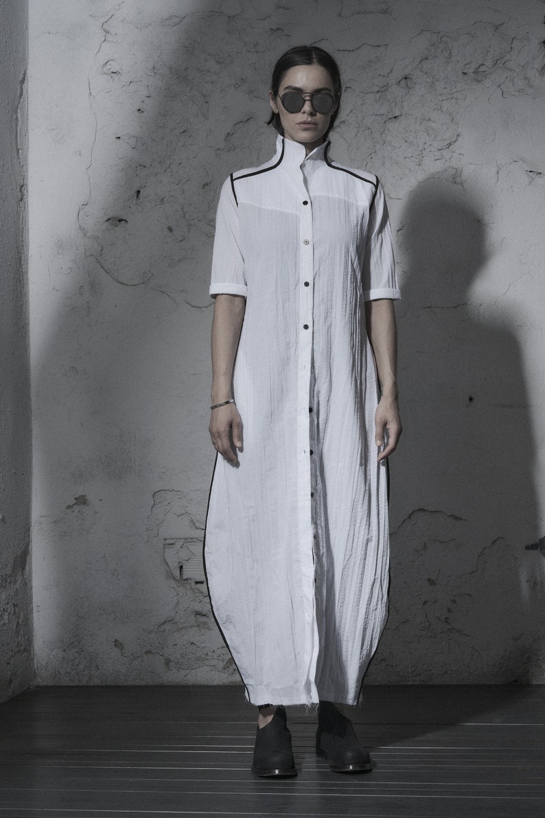 Futuristic White Dress Long Dress Minimalist Long Shirt Wrinkled Shirtdress Handcrafted Shirt Progressive Wear by POWHA image 9