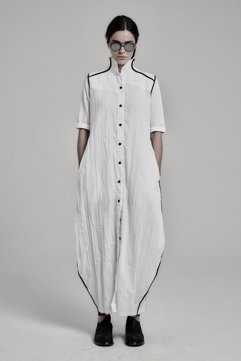 Futuristic White Dress Long Dress Minimalist Long Shirt Wrinkled Shirtdress Handcrafted Shirt Progressive Wear by POWHA image 2