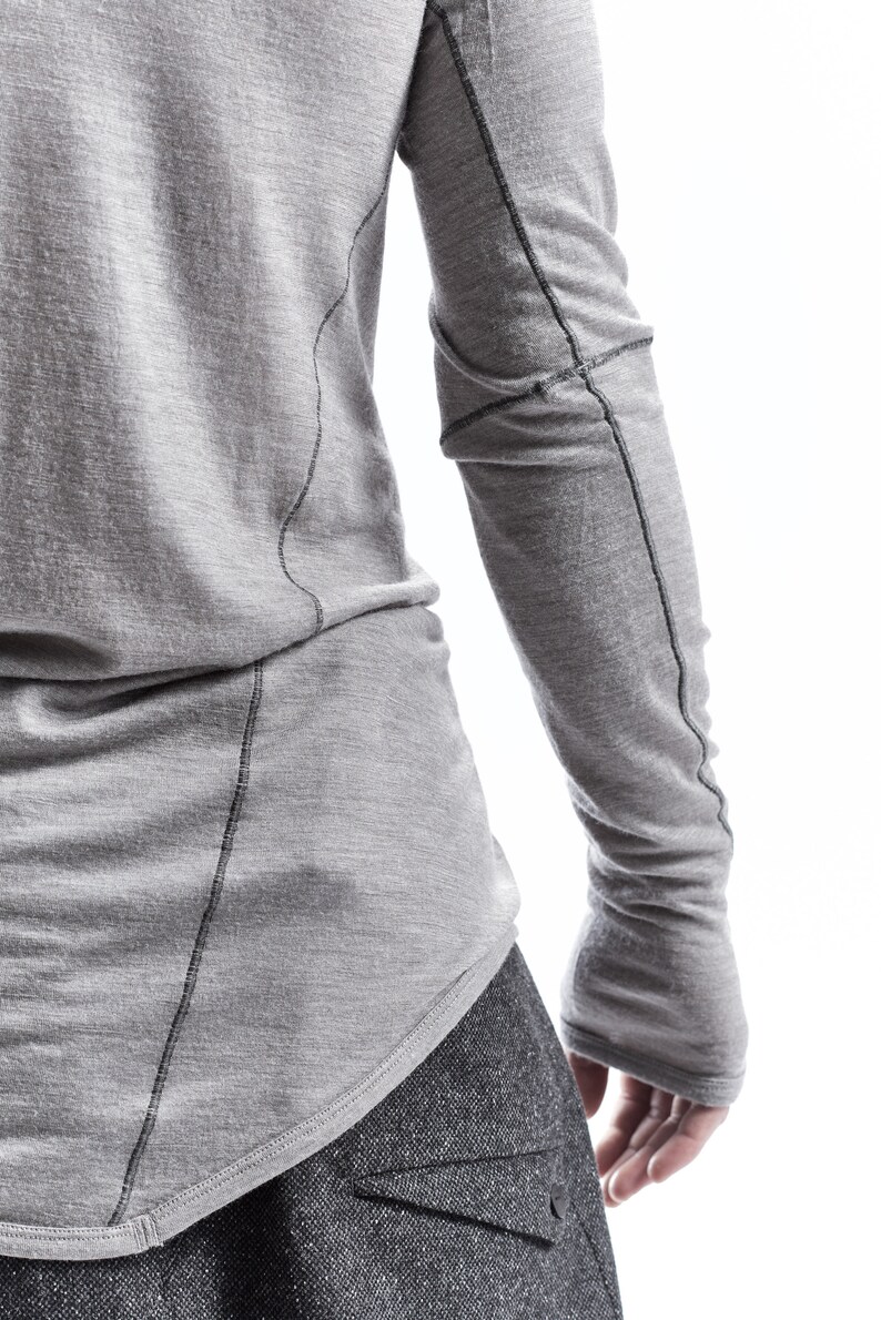 Distorted Wool Shirt / Heather Grey Reversible Shirt / Modern Asymmetrical Shirt / Mens Clothing / Long Sleeved Asymmetric T-Shirt by POWHA image 8