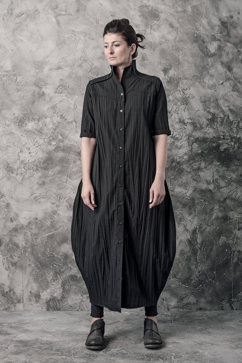 Futuristic Black Dress Long Dress Minimalist Long Shirt Wrinkled Shirtdress Handcrafted Shirt Progressive Wear by Powha image 1