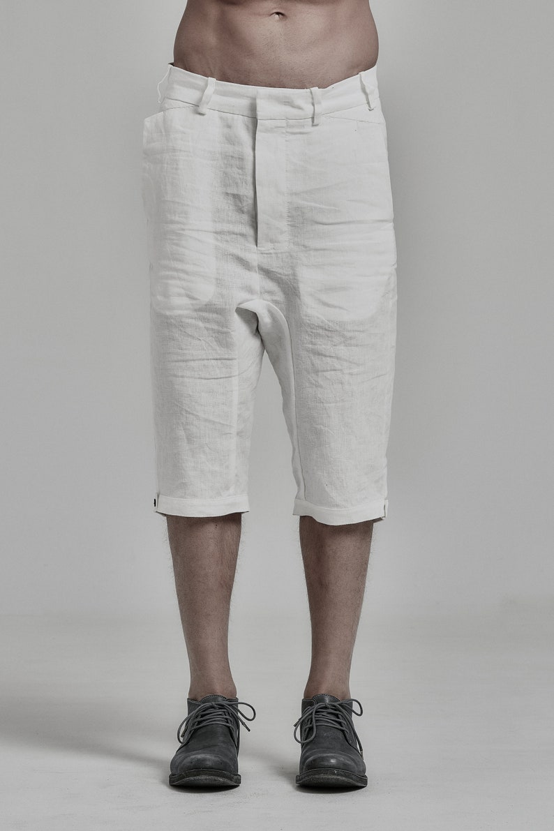 Black Mens Shorts / Drop Crotch Linen Shorts / Loose Bottom Shorts / Futuristic Clothing by POWHA image 8