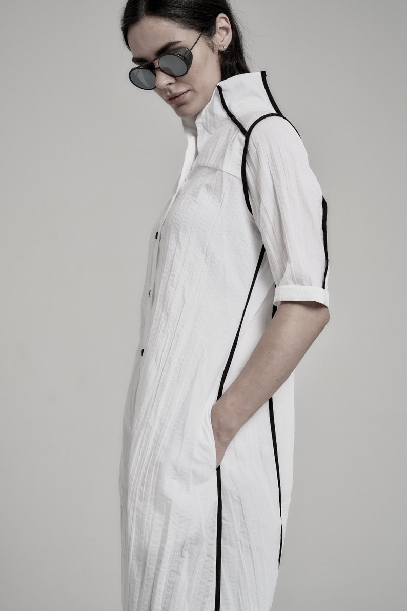 Futuristic White Dress Long Dress Minimalist Long Shirt Wrinkled Shirtdress Handcrafted Shirt Progressive Wear by POWHA image 4