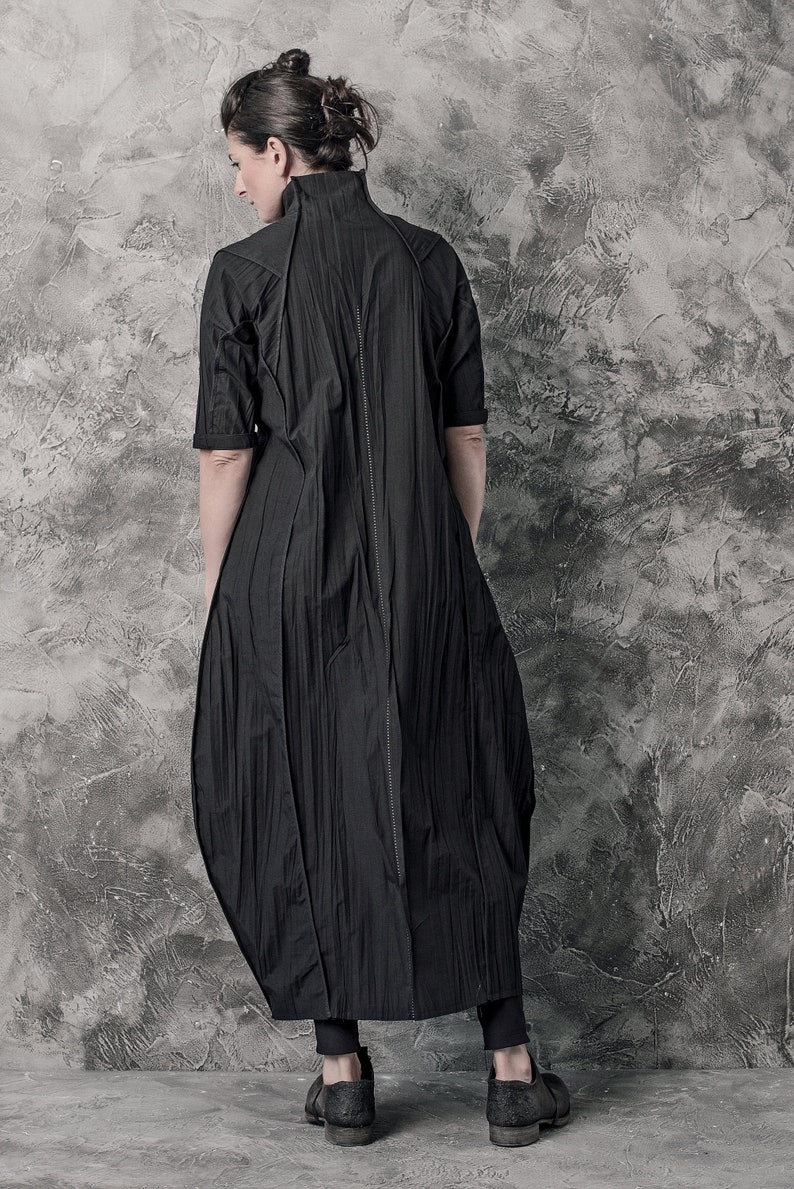 Futuristic Black Dress Long Dress Minimalist Long Shirt Wrinkled Shirtdress Handcrafted Shirt Progressive Wear by Powha image 3