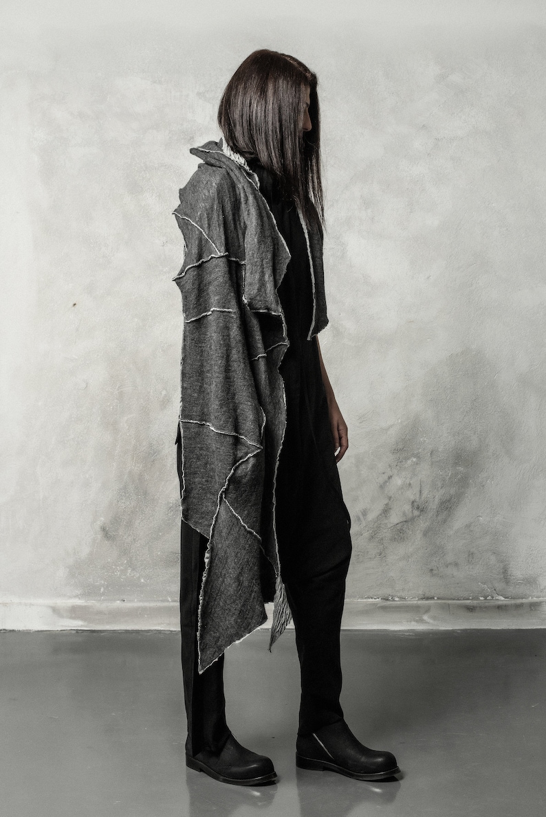 Distorted Scarf Unisex Double Faced Shawl Wool Cotton Wrapper Soft Wrinkled Scarf Grey Winter Shawl Progressive Wear by POWHA image 2