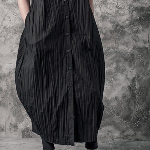 Futuristic Black Dress Long Dress Minimalist Long Shirt Wrinkled Shirtdress Handcrafted Shirt Progressive Wear by Powha image 6