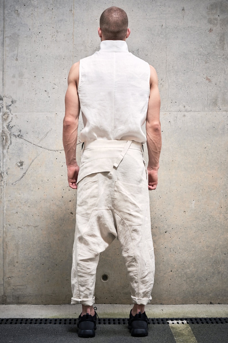 Linen Cropped Pants / Drop Crotch Trousers / Linen Low Crotch Pants / Extravagant Mens Pants / Futuristic Clothing by POWHA image 3
