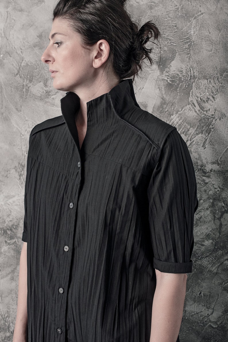 Futuristic Black Dress Long Dress Minimalist Long Shirt Wrinkled Shirtdress Handcrafted Shirt Progressive Wear by Powha image 4