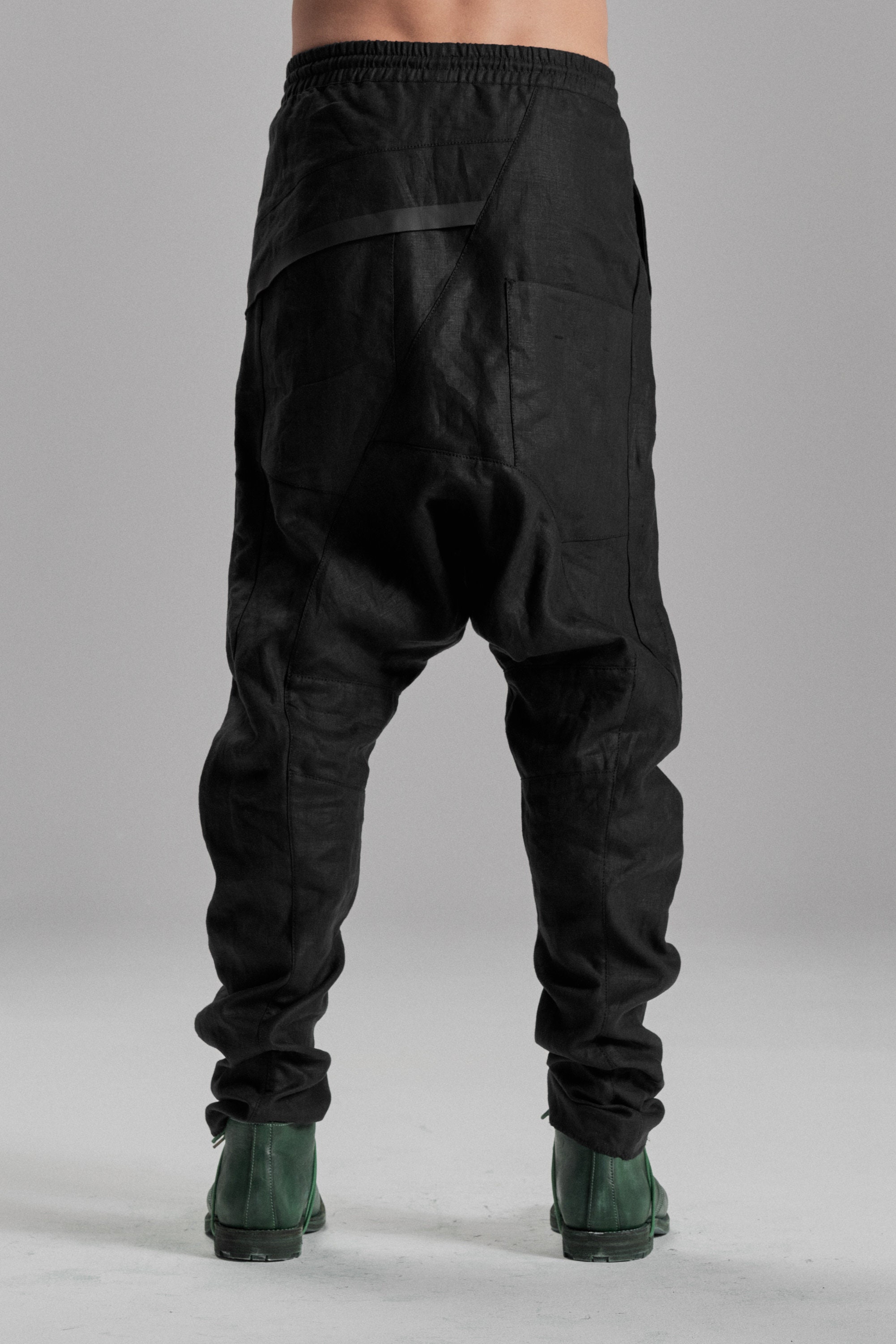 Black Linen Pants / Mens Drop Crotch Futuristic Trousers / Urban