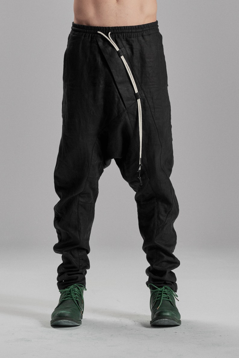 Black Linen Pants / Mens Drop Crotch Futuristic Trousers / Urban ...