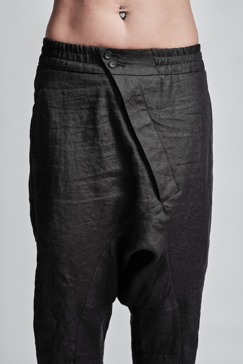 Drop Crotch Pants Cropped Linen Trousers Black Pants - Etsy