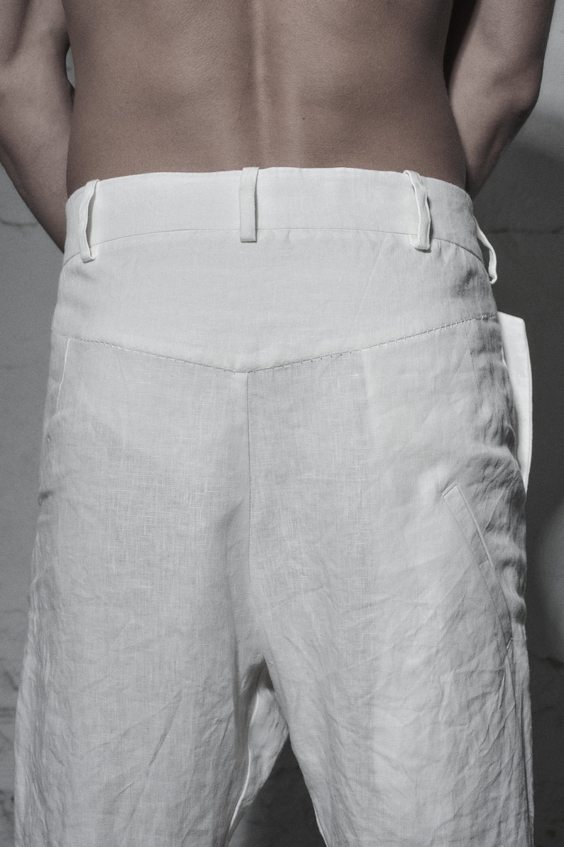 Black Mens Shorts / Drop Crotch Linen Shorts / Loose Bottom Shorts / Futuristic Clothing by POWHA image 6