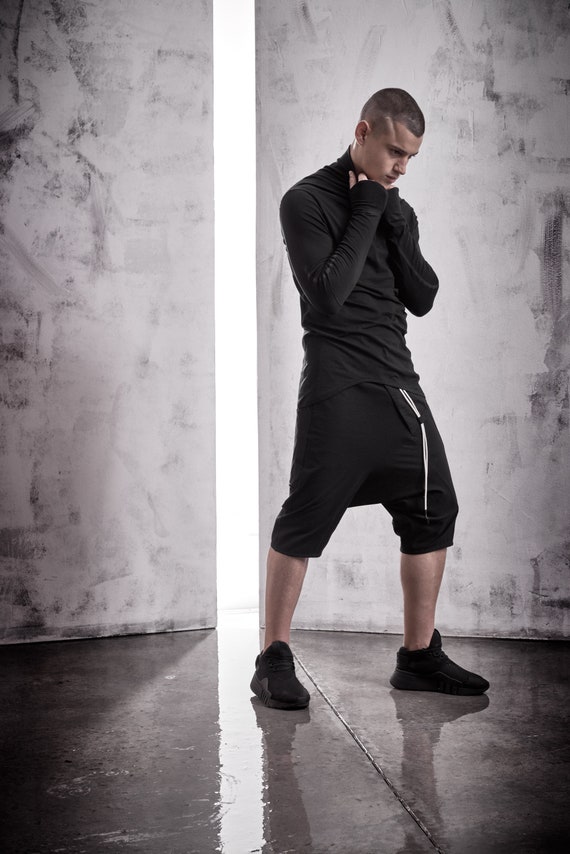 Black Cotton Track Shorts Mens Drop Crotch Trousers Minimalist Pants Dropped Crotch Shorts Black Extravagant Pants by POWHA Etsy Canada