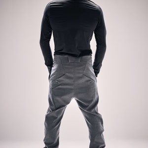 Mens Modern Trousers / Neutral Grey Wool Pants / Asymmetrical Trousers / Drop Crotch Mens Pants / Urban Clothing by POWHA image 3