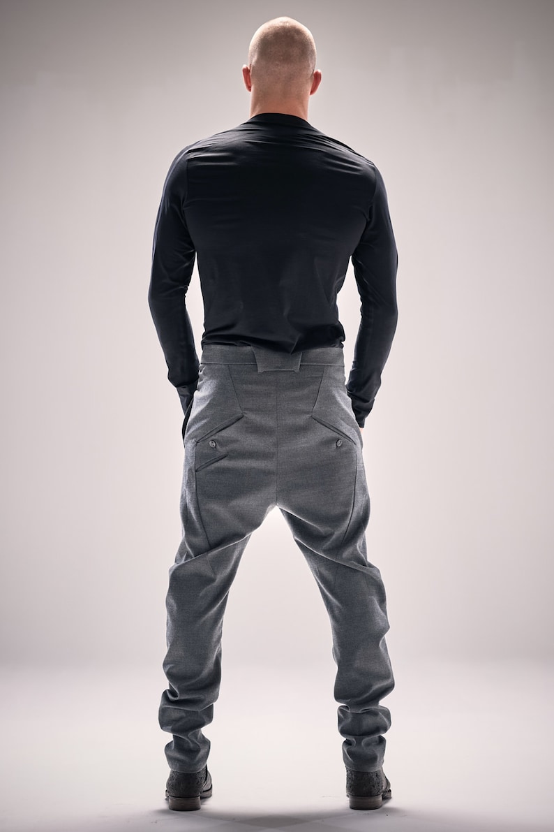 Mens Modern Trousers / Neutral Grey Wool Pants / Asymmetrical Trousers / Drop Crotch Mens Pants / Urban Clothing by POWHA image 3